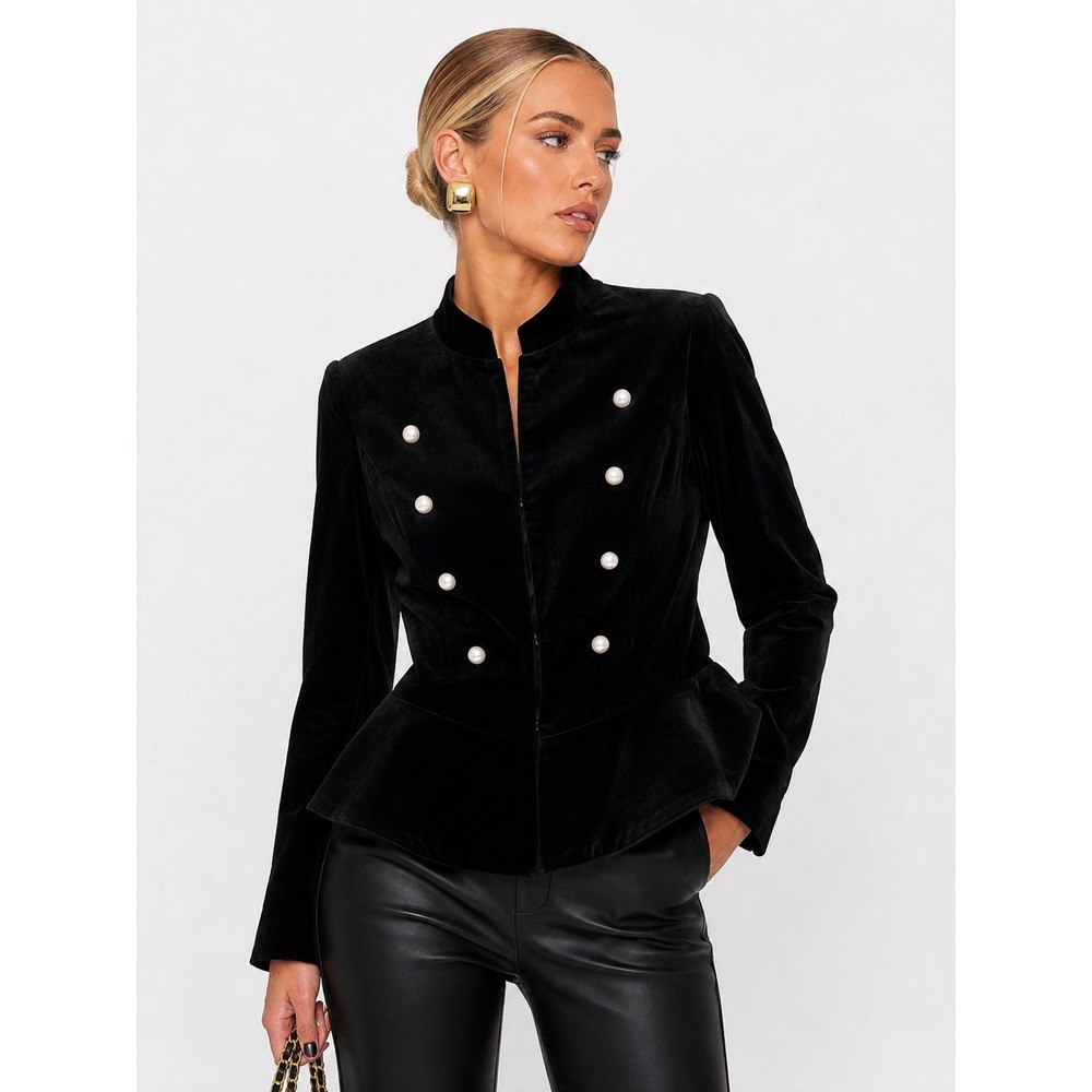 Amaryllis Black Velvet Peplum Military Jacket Faux Pearl Buttons S